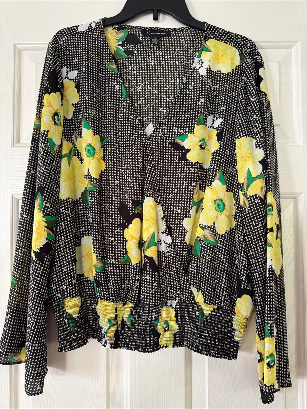 INC International Concepts Black and White Checked Top yellow floral XL